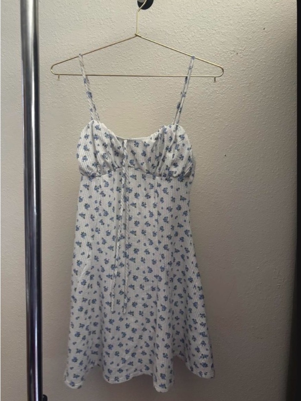 White and Blue Floral Mini Dress - Spaghetti Strap Sundress